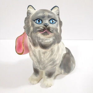 VINTAGE Stonelite Prof. Bessi Angora Cat Figurine Gray Pink Bow Heavy Italy Made